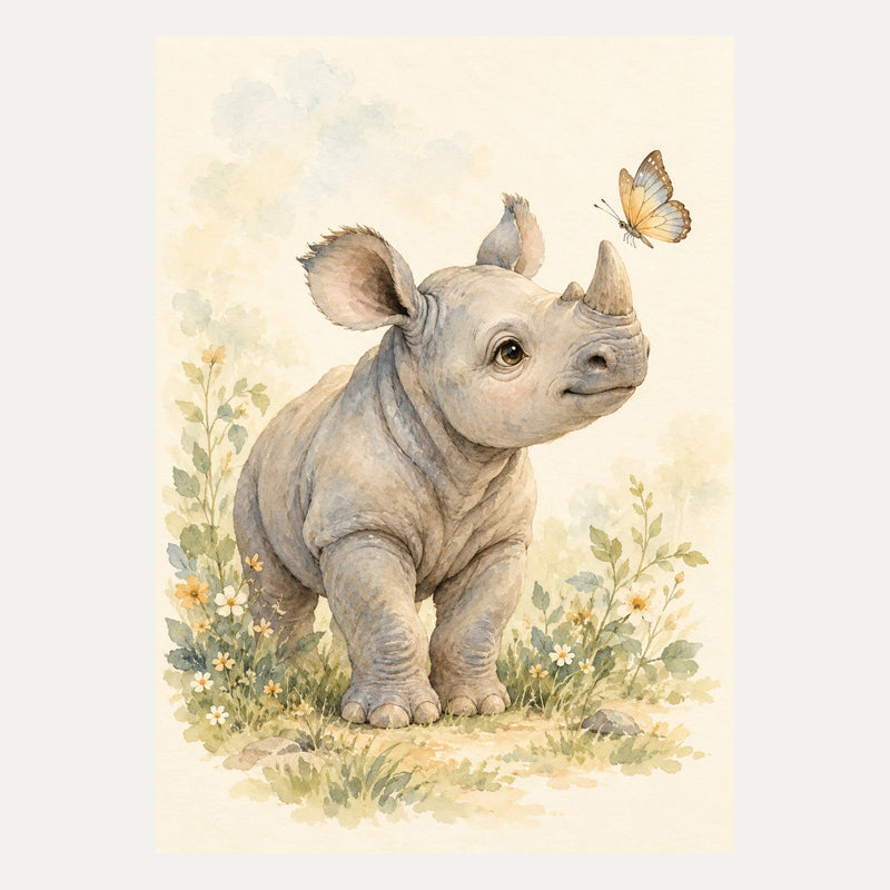 Rhinoceros calf with a butterfly, portrait nursery wall art