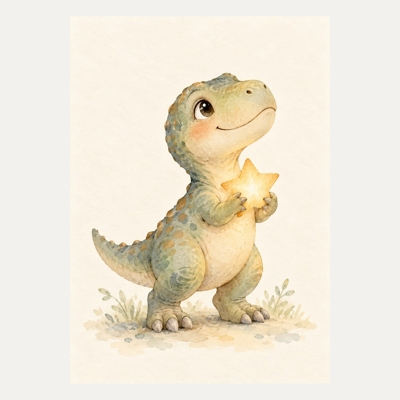 Tiny tyrannosaurus holding a star, portrait nursery wall art