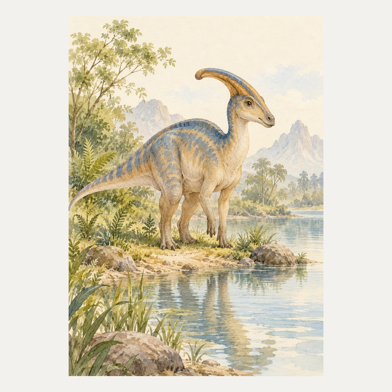 Parasaurolophus beside a pond, portrait nursery wall art