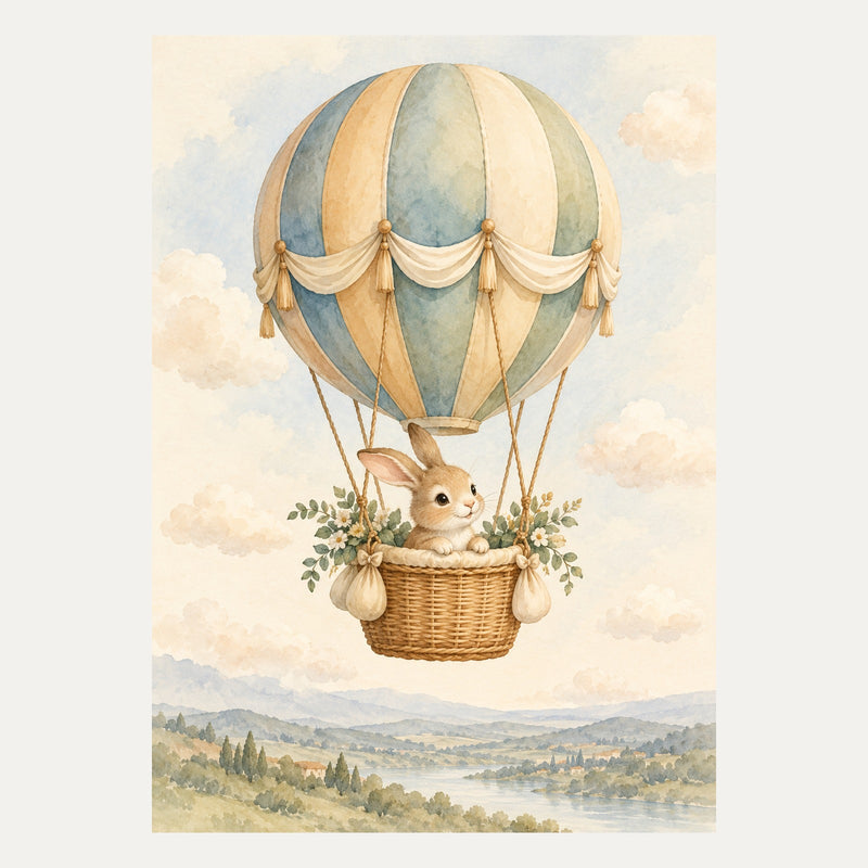 Hot air balloon carrying a bunny, portrait nursery wall art