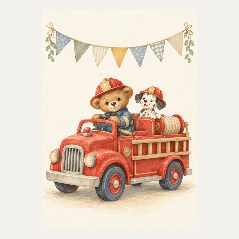 Toy fire engine beneath bunting, portrait nursery wall art