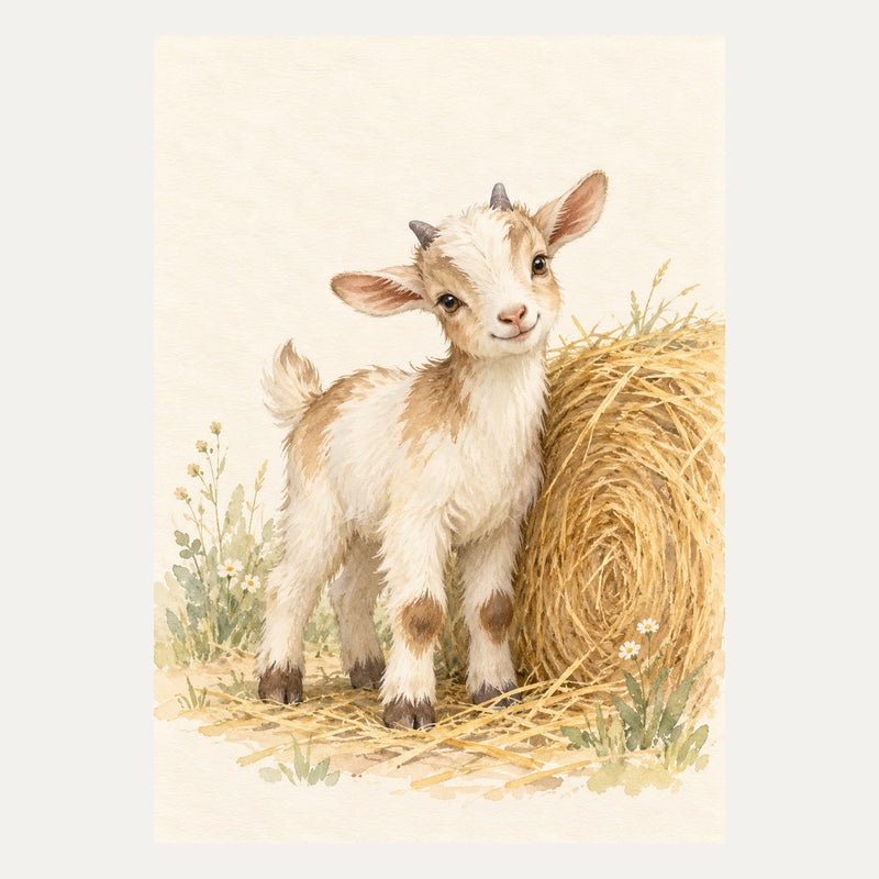 Goat kid beside a hay bale, portrait nursery wall art
