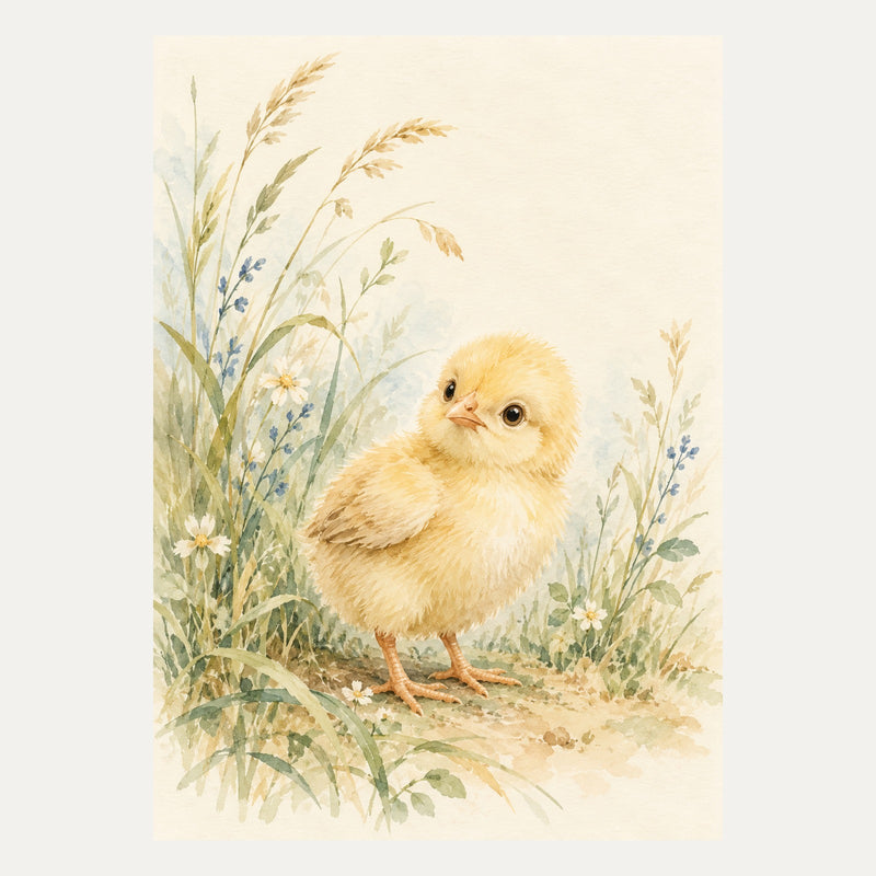 Chick amongst soft grasses, portrait nursery wall art