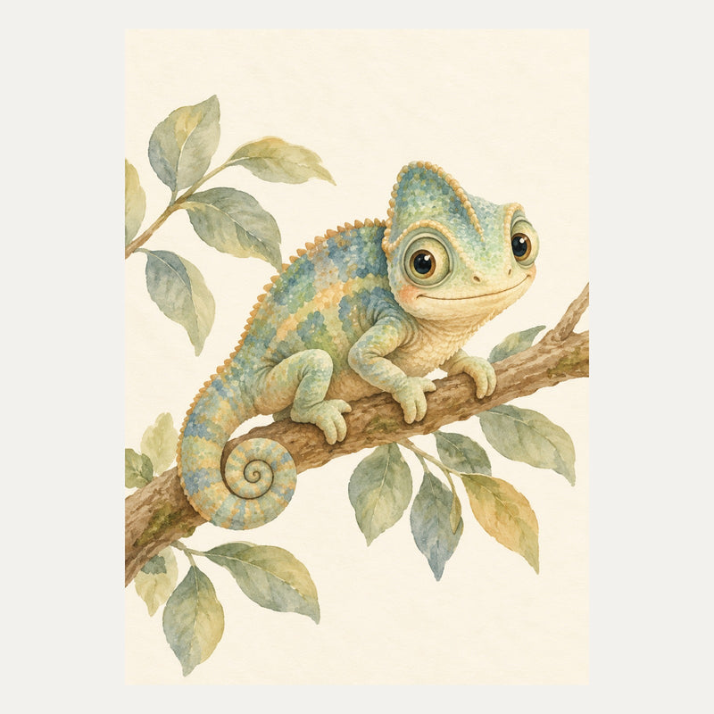 Baby chameleon on a branch, portrait nursery wall art