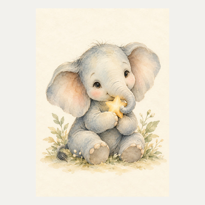 Baby elephant holding a small star, portrait nursery wall art