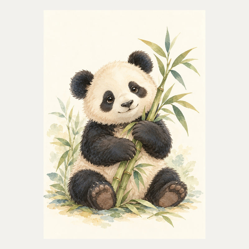 Panda cub holding bamboo, portrait nursery wall art