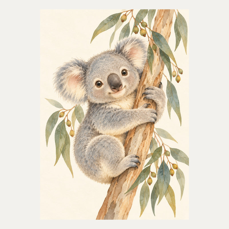 Koala cuddling a eucalyptus branch, portrait nursery wall art