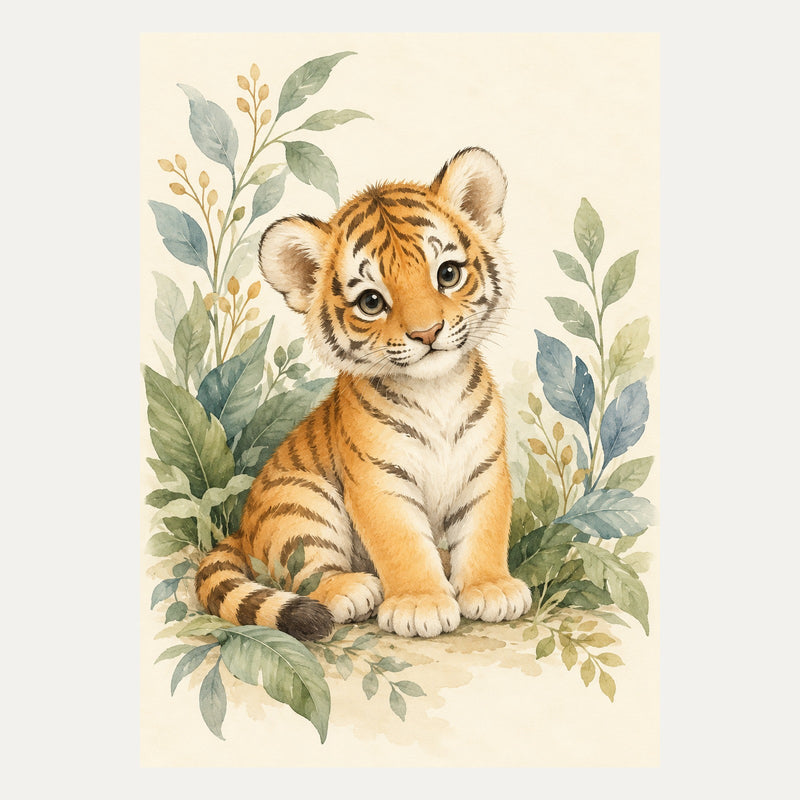 Tiger cub sitting amongst leaves, portrait nursery wall art