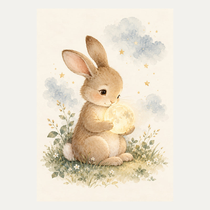 Bunny holding a tiny moon, portrait nursery wall art