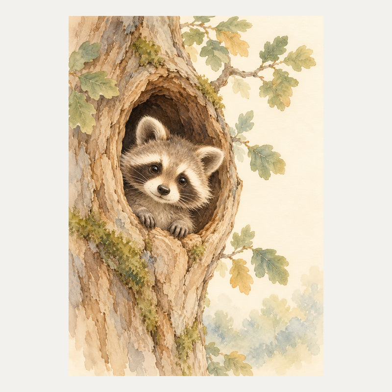 Raccoon peeking from a tree hollow, portrait nursery wall art