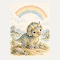 Baby triceratops under a rainbow, portrait nursery wall art