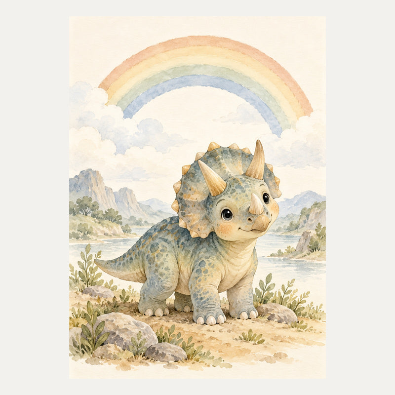 Baby triceratops under a rainbow, portrait nursery wall art