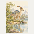 Parasaurolophus beside a pond, portrait nursery wall art
