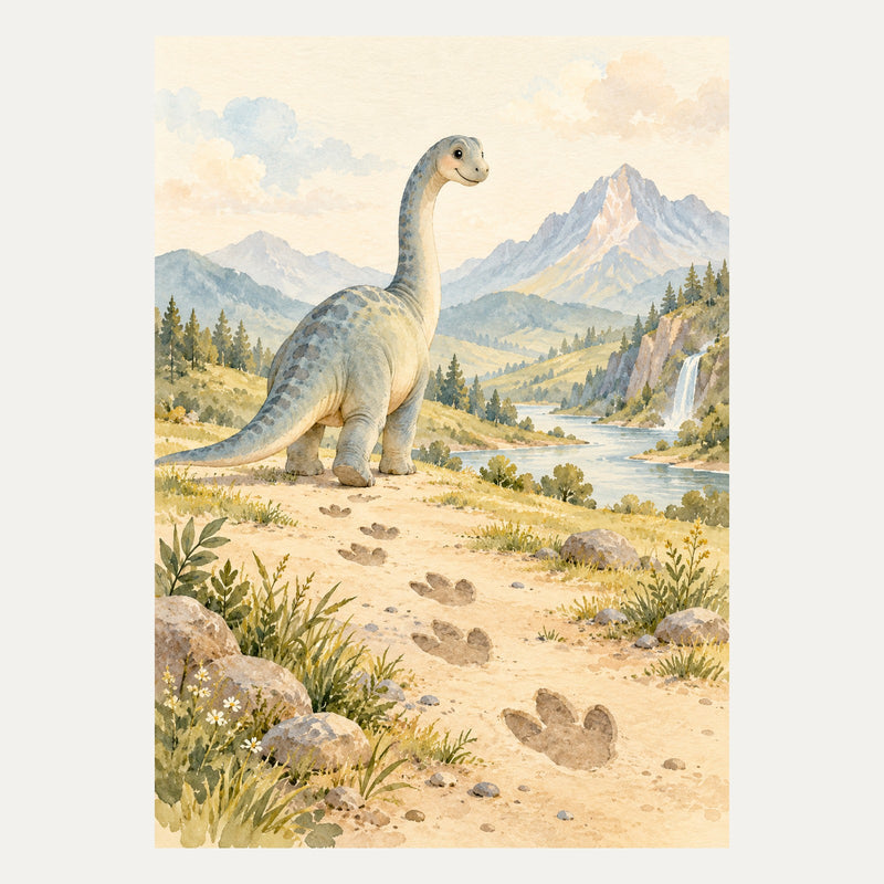Friendly dinosaur footprints across a quiet valley, portrait nursery wall art