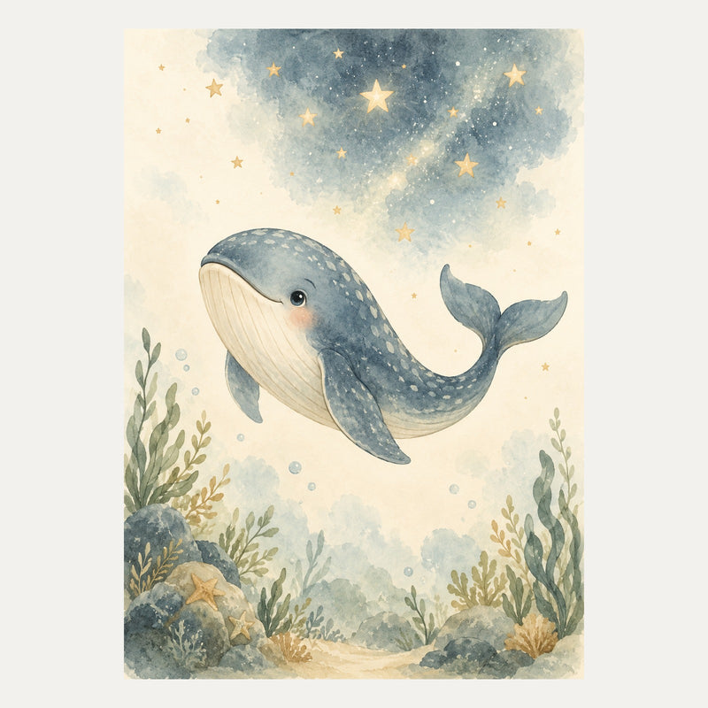 Little whale floating beneath stars, portrait nursery wall art