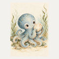 Octopus holding a seashell, portrait nursery wall art