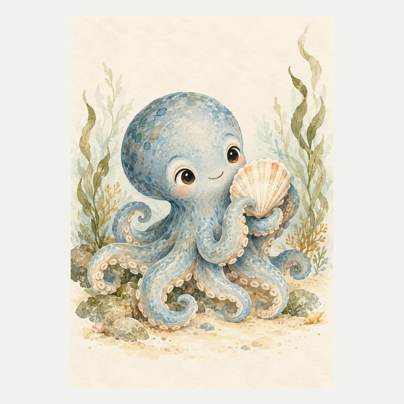 Octopus holding a seashell, portrait nursery wall art
