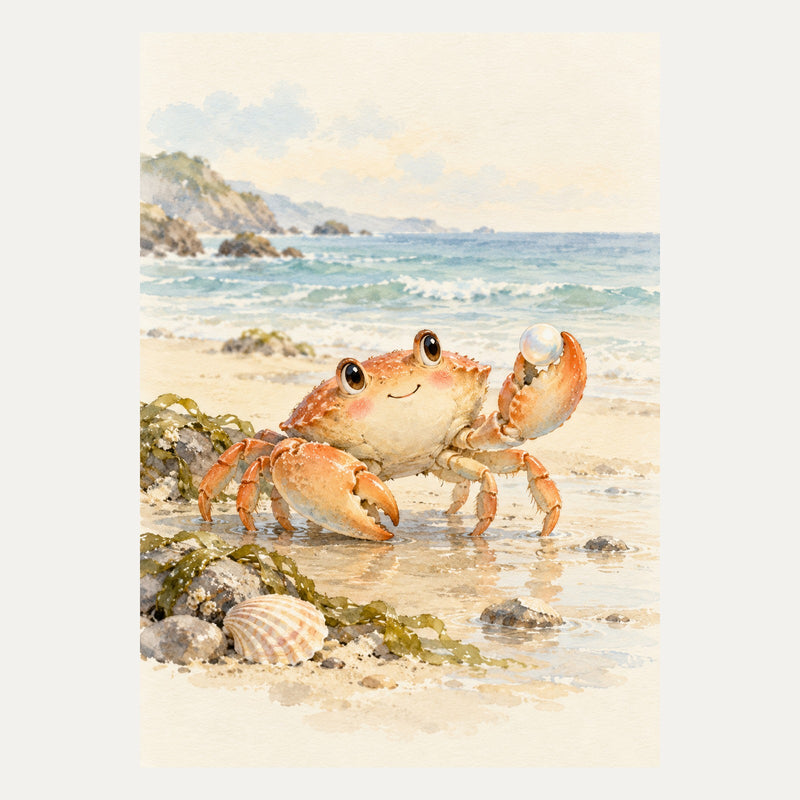 Crab holding a tiny pearl, portrait nursery wall art