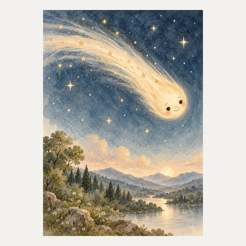 Friendly comet sweeping a gentle arc, portrait nursery wall art