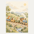 Wooden toy train across gentle hills, portrait nursery wall art