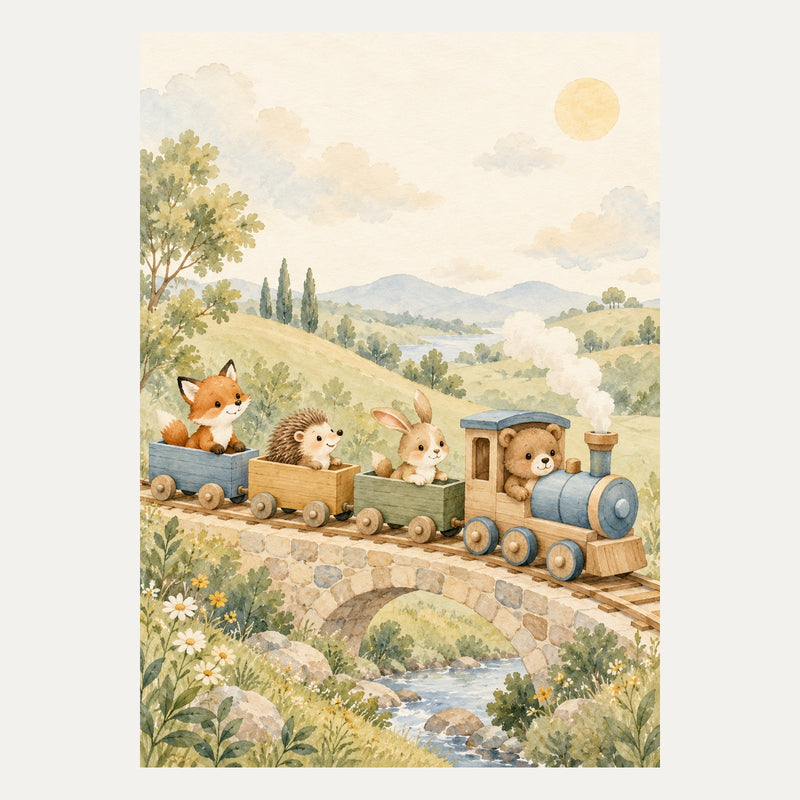 Wooden toy train across gentle hills, portrait nursery wall art