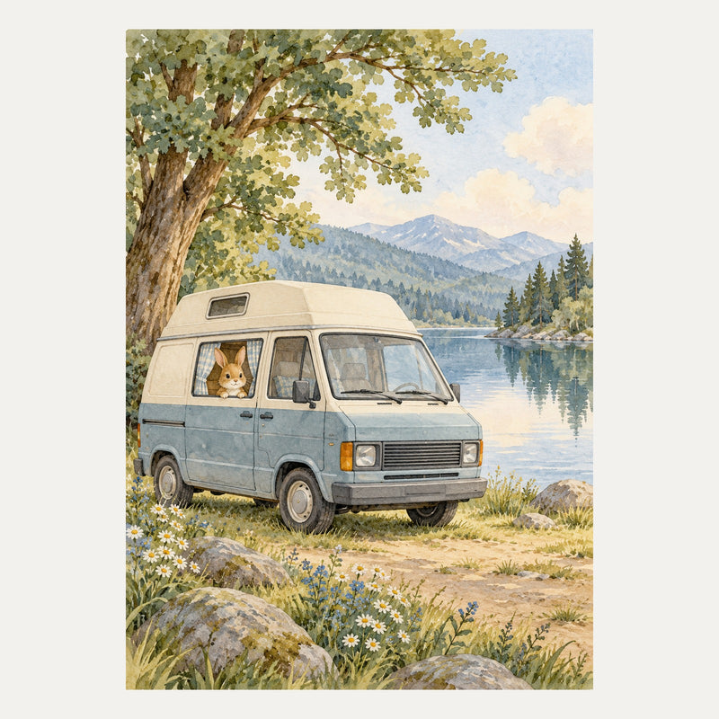 Little camper van beside a tree, portrait nursery wall art