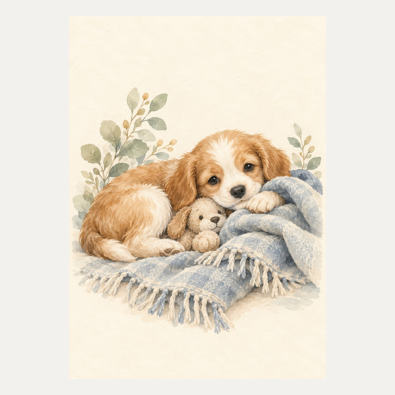 Puppy curled beside a blanket, portrait nursery wall art