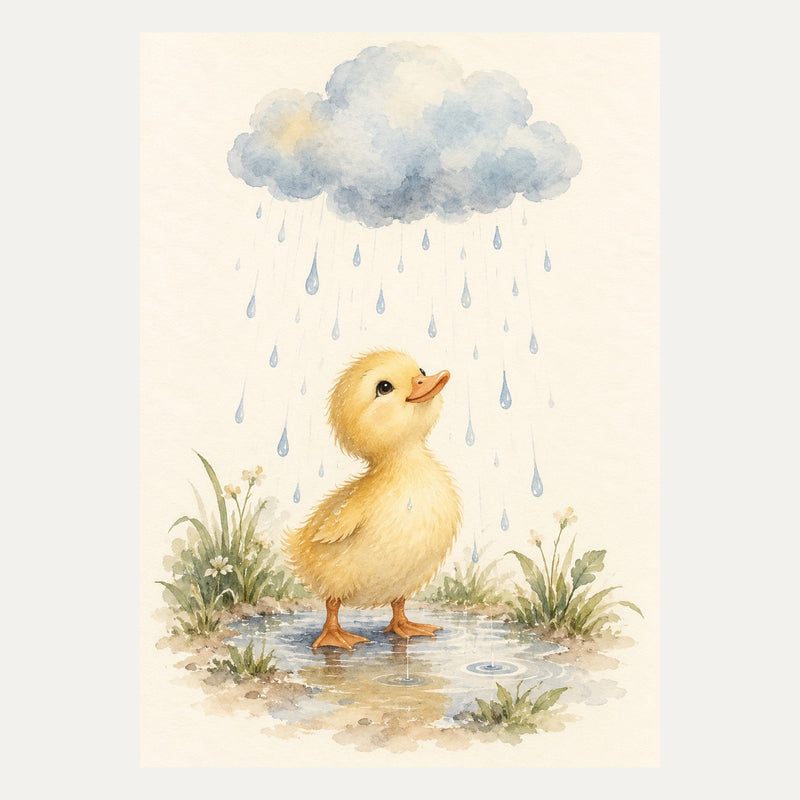 Duckling beneath a gentle rain cloud, portrait nursery wall art