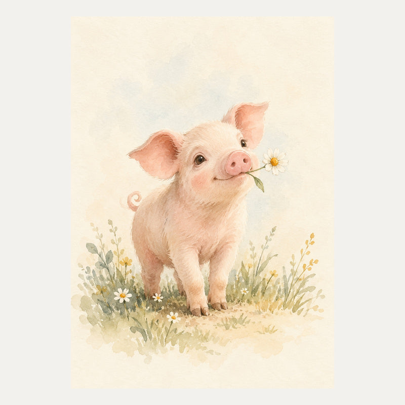 Piglet with a tiny flower, portrait nursery wall art