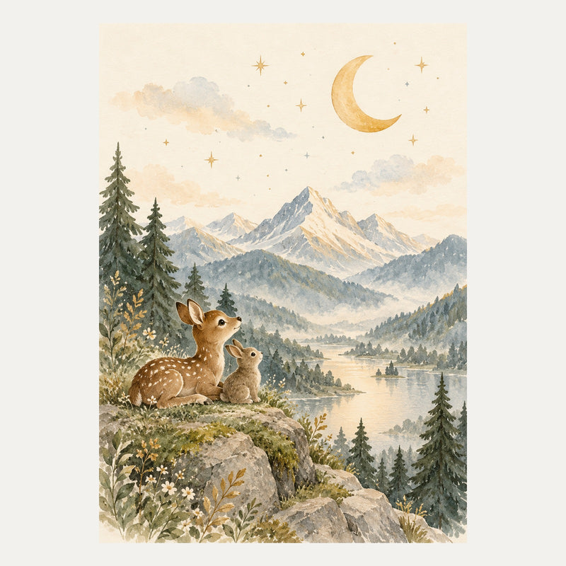 Gentle mountains beneath a crescent moon, portrait nursery wall art