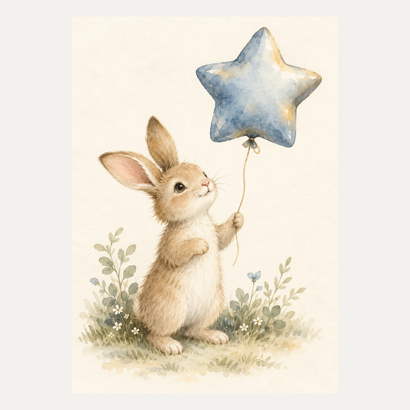Bunny holding a balloon shaped like a star, portrait nursery wall art