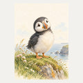Baby puffin on a grassy mound, portrait nursery wall art
