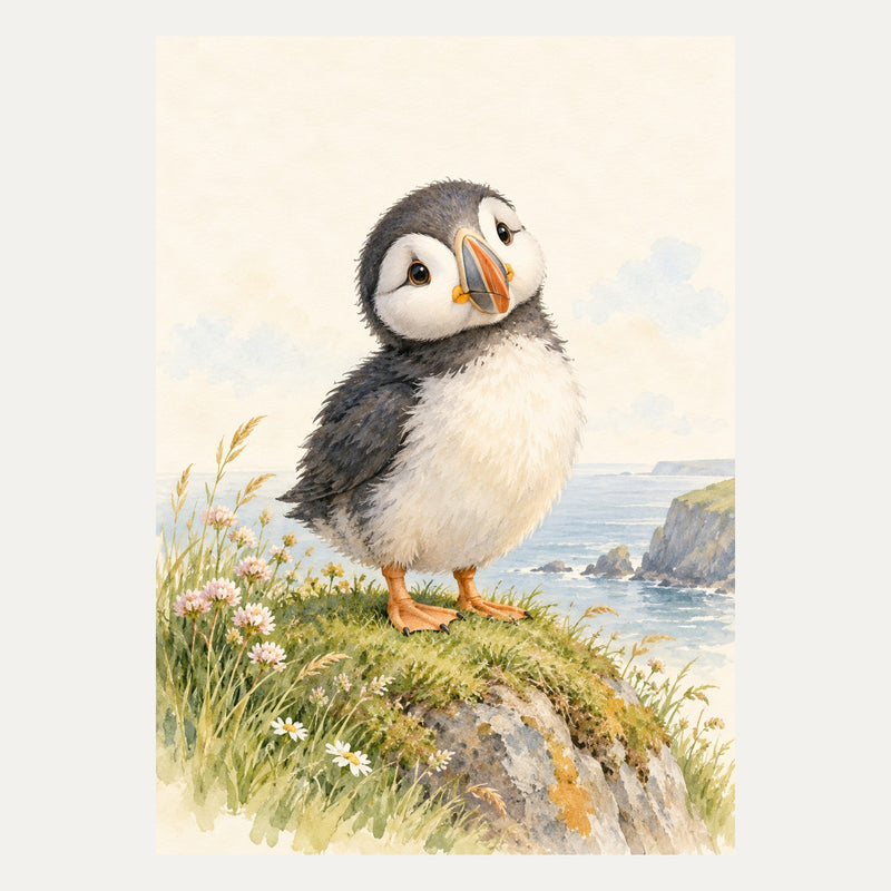 Baby puffin on a grassy mound, portrait nursery wall art