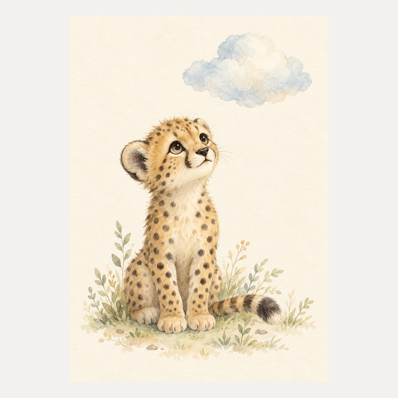 Cheetah cub beneath a small cloud, portrait nursery wall art