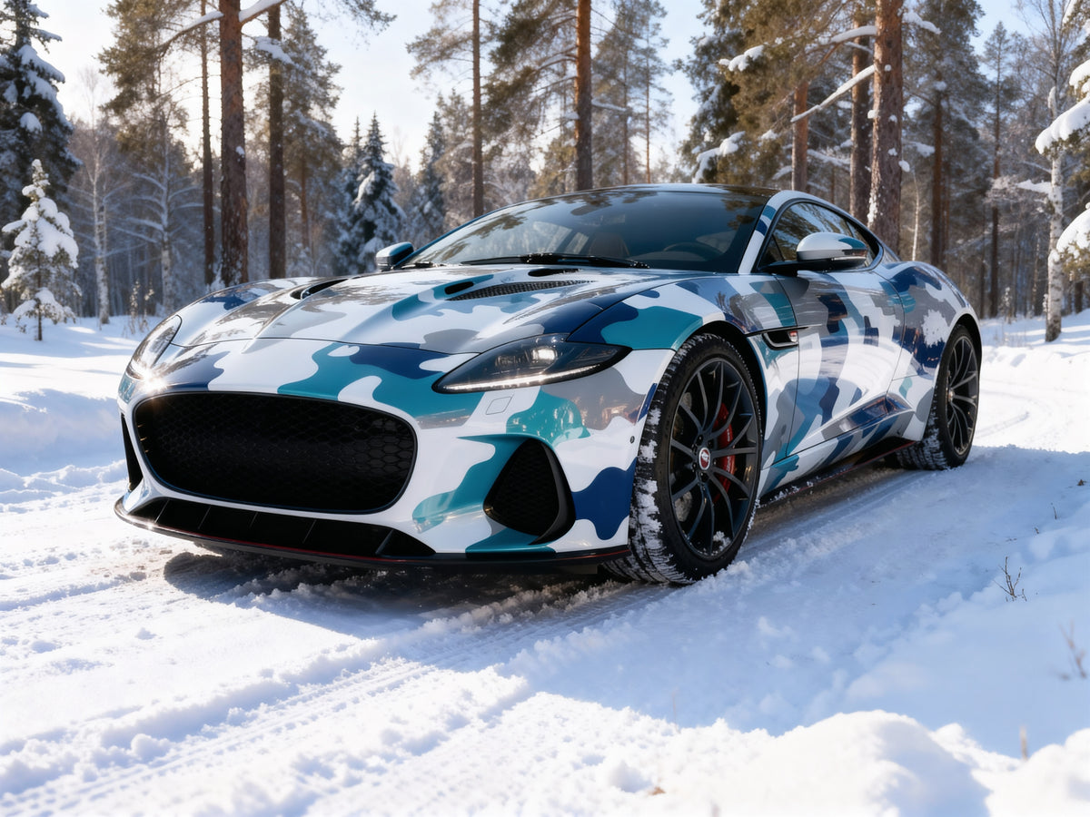 Alpine Pursuit – Blue Camouflage Sports Coupe Art Print